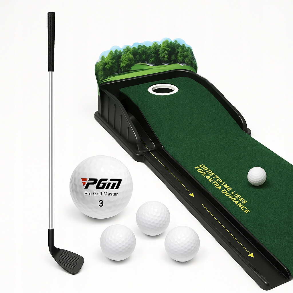 Sada: podložka na minigolf, putter, 3x loptičky, putting green